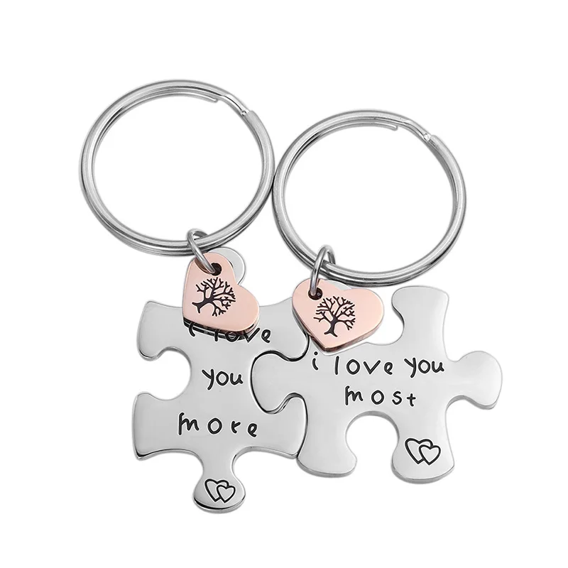 

Couple Keychain Set Puzzel Stainless Steel Key Ring Lover Valentine's day Gift I Love You More I Love You Most Couple Keychain