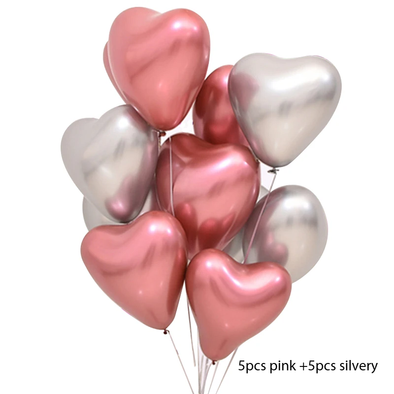 5ps silver 5ps pink 10 шт. 12 дюймов сердце глянцевый металлический жемчуг латексные шары толстые Хромированные Металлические цвета воздушные шары Globos День Рождения Декор - Цвет: 5ps silver 5ps pink