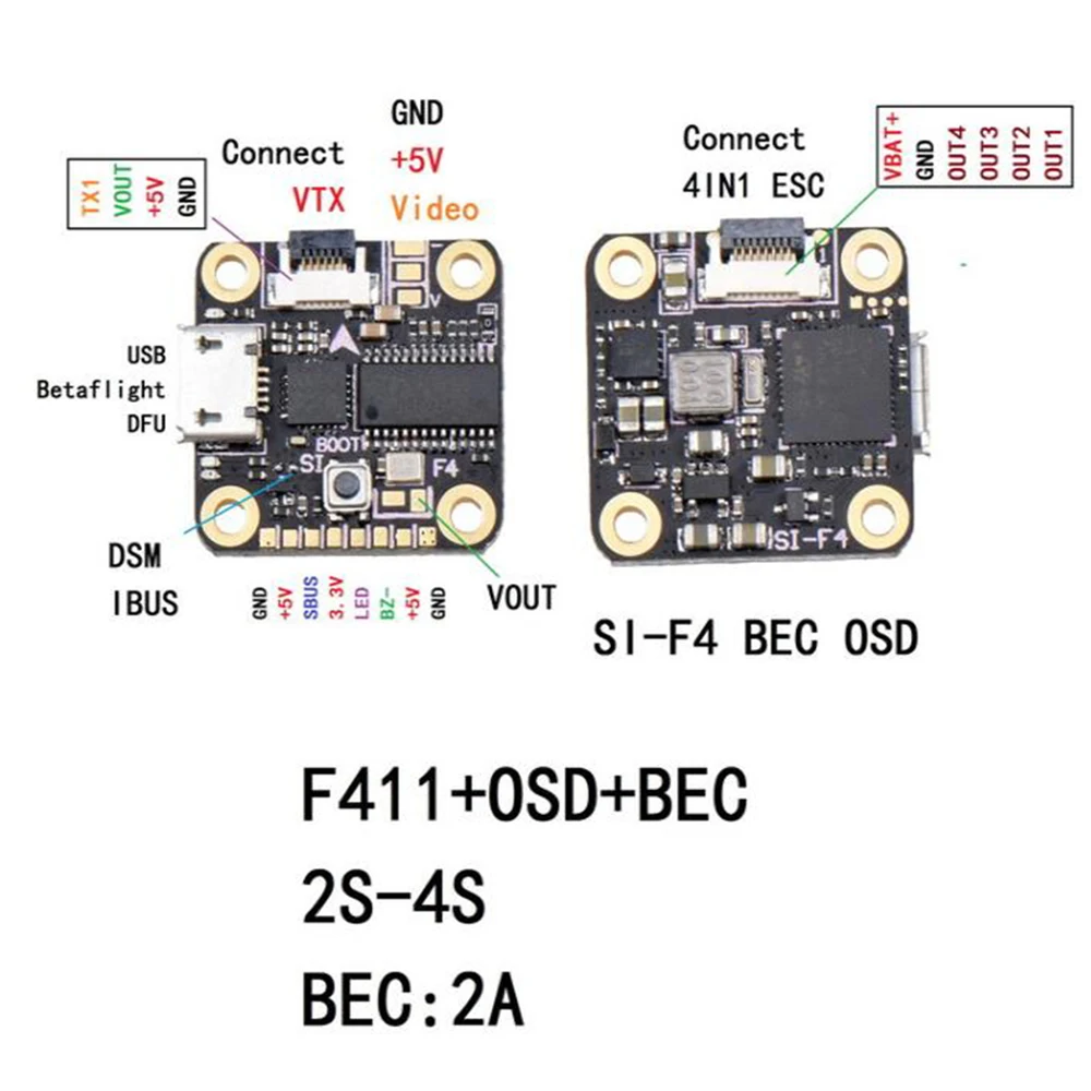 Управление полетом F4 flyбашня SIF4 w/ BEC 2A ESC с регулировкой передатчика OSD 2-4S 4 в 1 +
