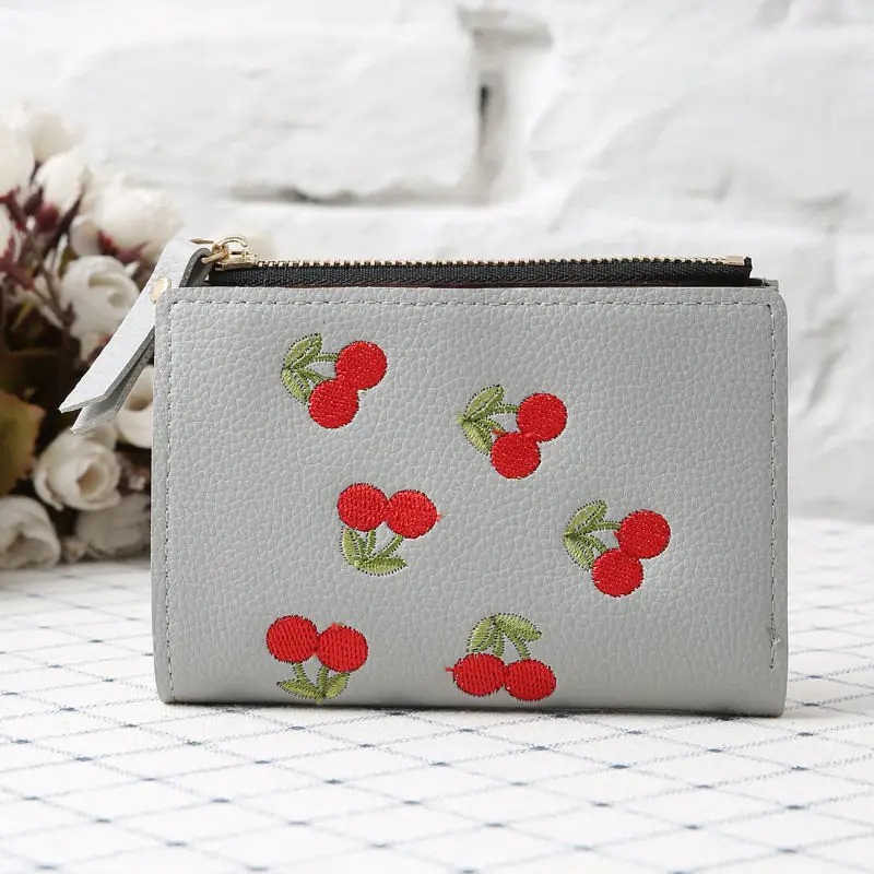 Gray Модный женский короткий кошелек для монет из искусственной кожи, кошелек с вышивкой вишни, держатель для карт, мини-сумочка для денег для девушек - Цвет: Gray