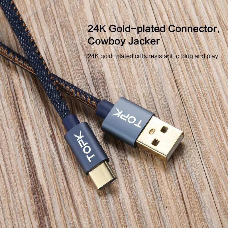 TOPK [5-Pack] usb type-C кабель в джинсовой оплетке для синхронизации данных, мобильный телефон, USB кабель для samsung S8 S9 Plus a5 one plus 5t 6