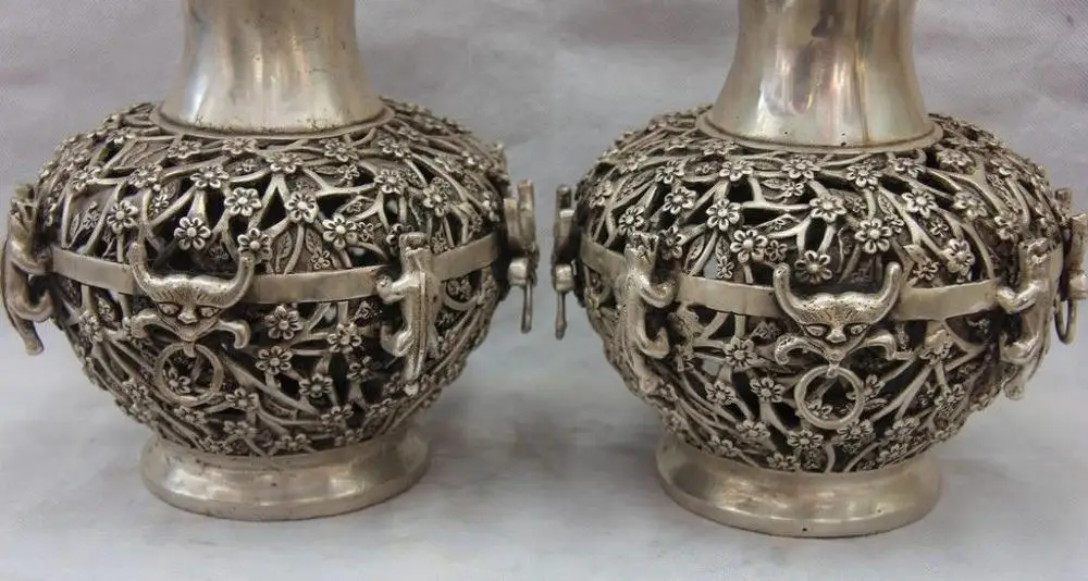 Китайский белый медный серебряный резной зверь Сливовый цветок горшок бутылка