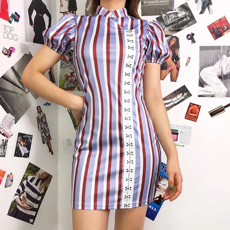 Женское облегающее платье Cheongsam фиолетовое мини в полоску с пышными рукавами и