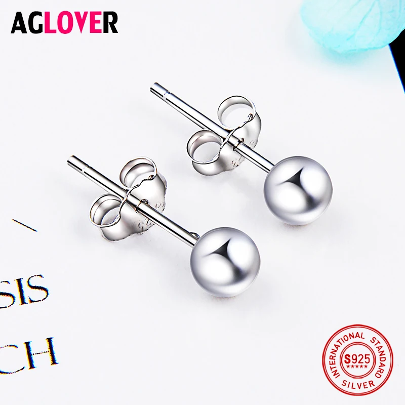 Женские гладкие круглые серьги гвоздики из стерлингового серебра 925 пробы 4 мм с