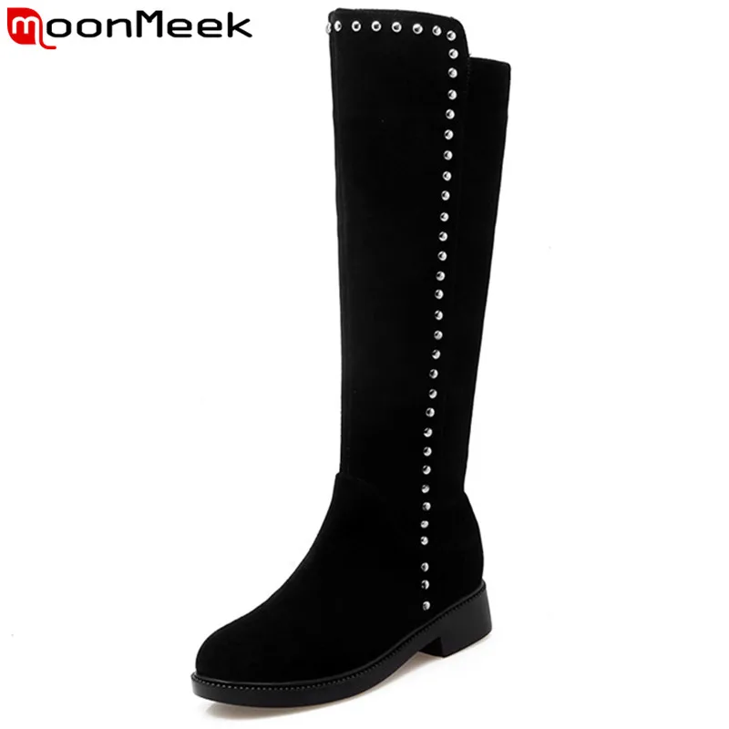 MoonMeek/черные модные сапоги осень зима с круглым носком на молнии до колен