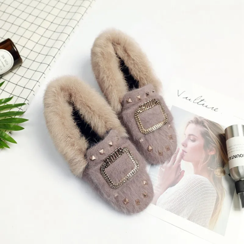 Plus Size 34-44 Fashion Metal Decoration Animal Rabbit Hair Rivet Flat Shoes Slip On Woman Fur Loafers warm plush winter shoes