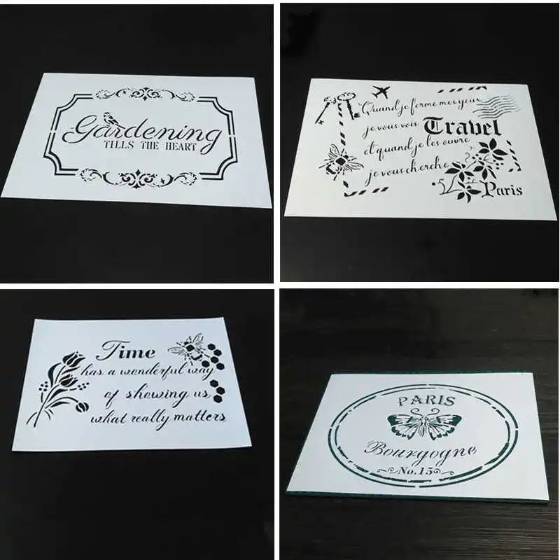 

4 designs,TIME,FRENCH LETTER,Vintage Butterfly,GARDENING Stencils for scrapbooking,Stamping,Card Making,Acrylic Painting,4PCS