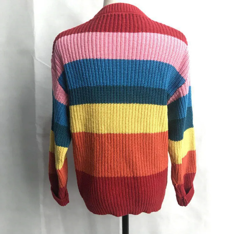 Rainbow Striped Women Sweaters 2018 Autumn New High Street Oversized O-neck Knitwear Knitted Pullovers cws0101-5 | Женская одежда