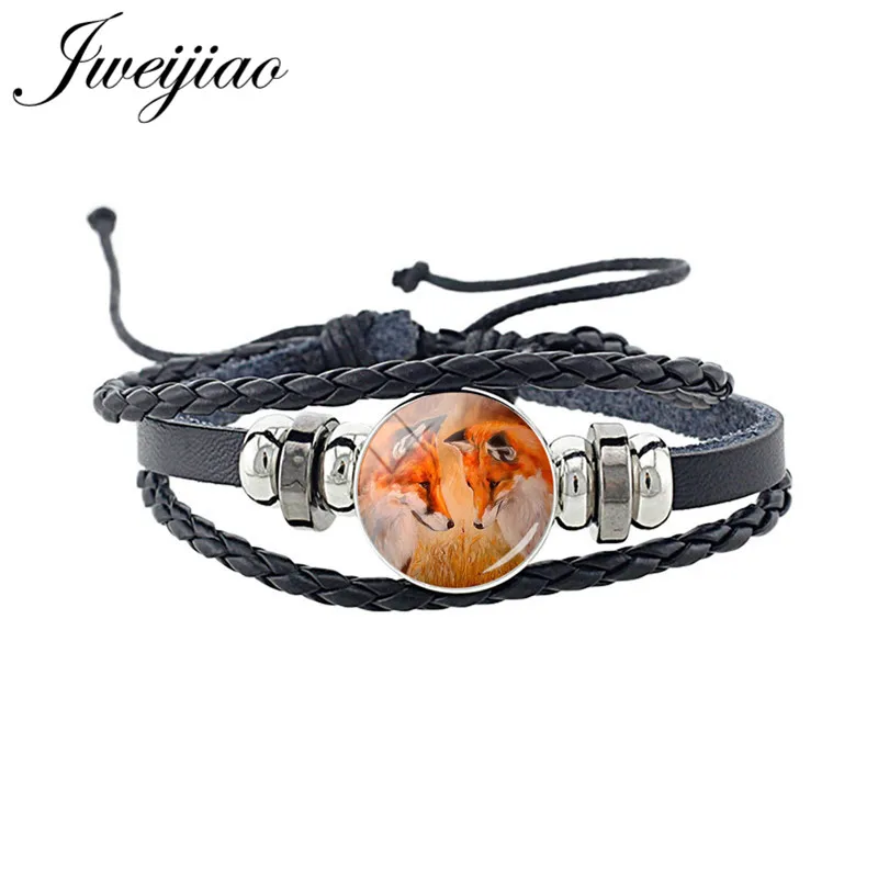 WF12 JWEIJIAO, новинка, милый браслет в виде лисы, стекло, изображение животного, кабошон, очаровательный черный браслет из искусственной кожи, браслет, браслет в стиле панк, ювелирное изделие, подарок CN96 - Окраска металла: WF12