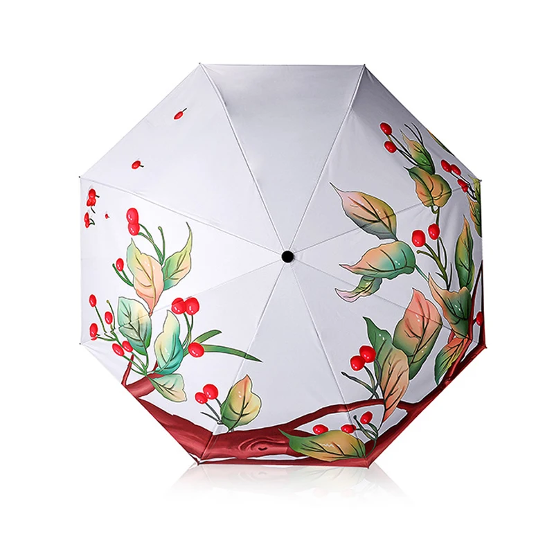 Полностью автоматический женский зонт 3 складной черный пластиковый УФ защита 8 К