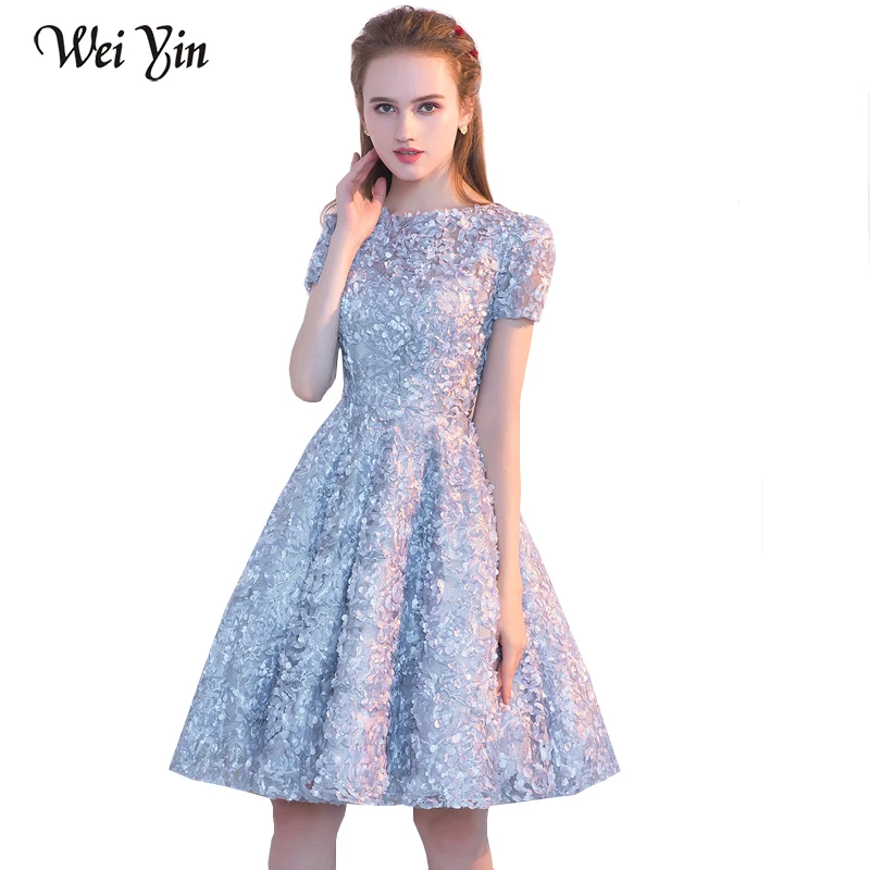 Вечернее платье weiyin De Soiree новые серые розовые вечерние платья невесты с короткими рукавами кружевные цветочные короткие элегантные, цвета шампанского праздничные наряды