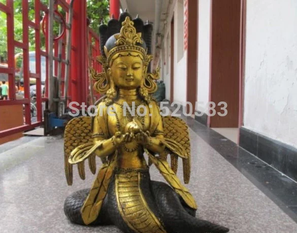 23 &quotтибетская бронзовая позолоченная морская змея Нага канья Кван-Инь богиня