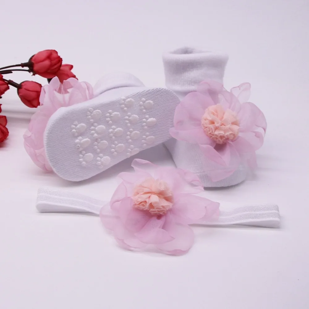 2PCS/SET Baby Socks+ Headband Set Lovely Flowers Decorated Anti-Slip Cotton Ankle Socks with Elastic Hair Band