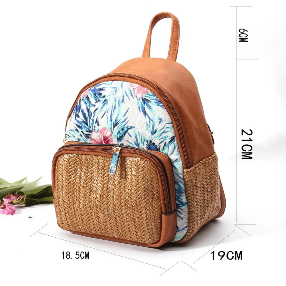 Женский рюкзак тканый в коричневом соломенном стиле с цветочным узором
