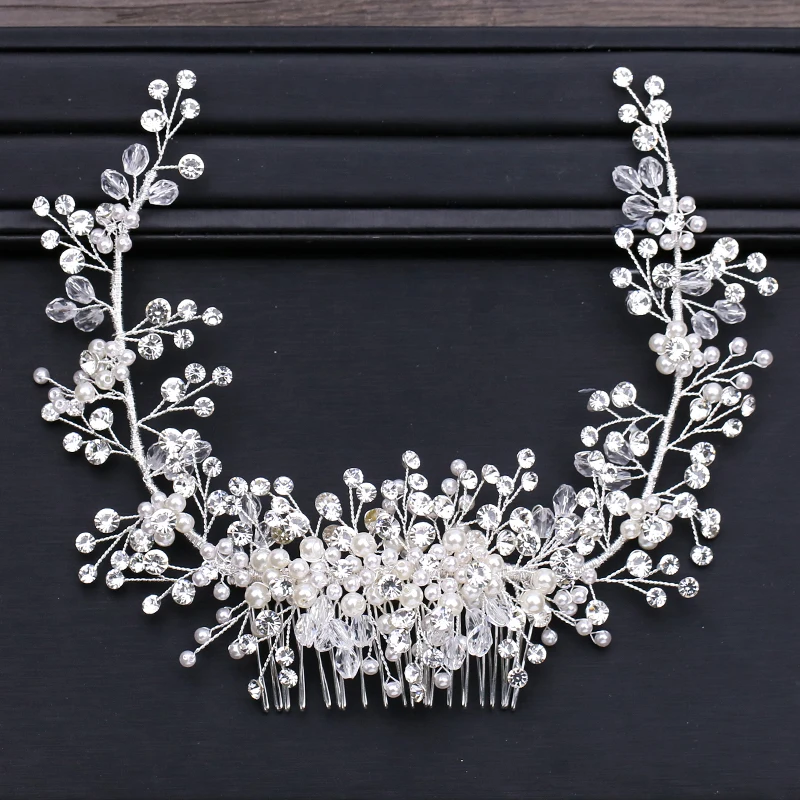 

Bridal Tiaras Pearl Hair Comb Crystal Headpiece Head Jewelry Women Hair Ornaments Rhinestone Wedding Headbands