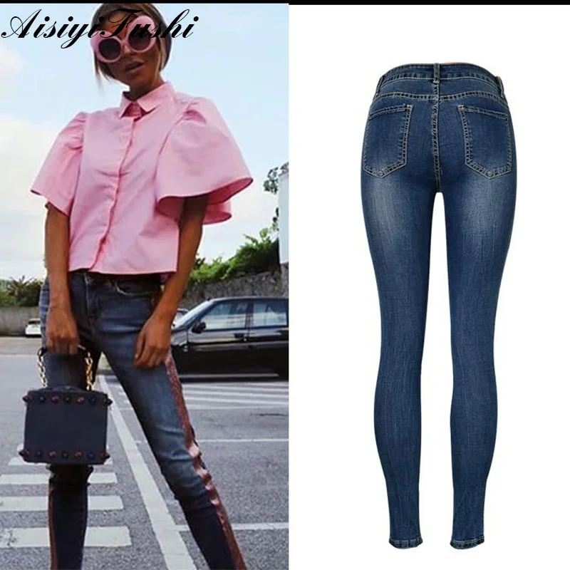 Women Skinny Jeans With Stripes Trousers Female Denim For Woman Plus Size Push Up Ladies Pencil Pants | Женская одежда