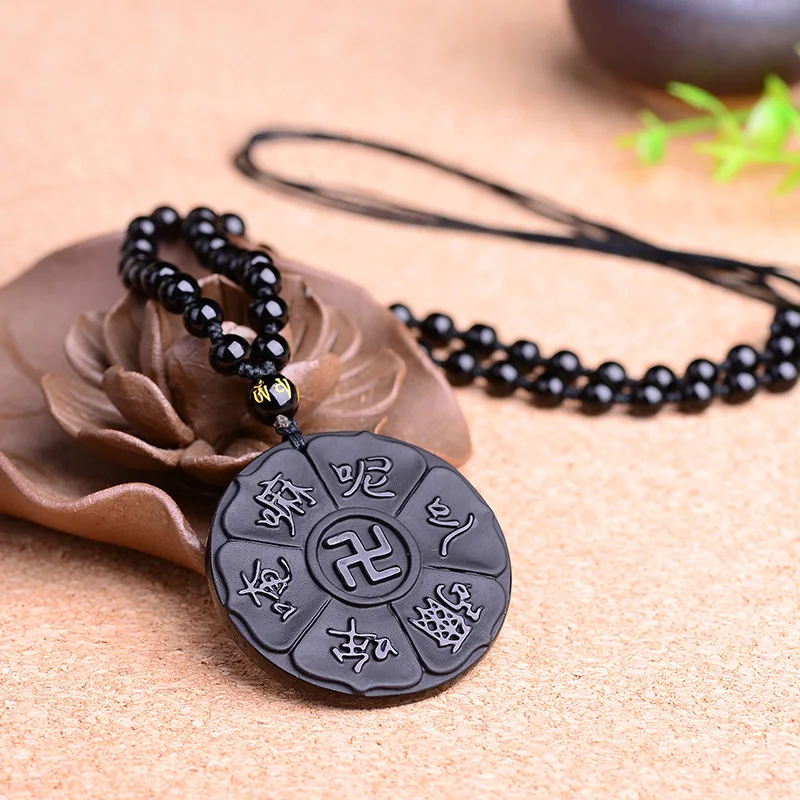 Натуральный обсидиан ожерелье кулон буддийский Писание нефрит ювелирные