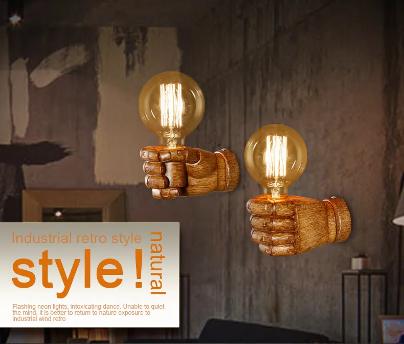 Лампа винтажная в стиле лофт форме кулака настенный светильник из смолы s E27