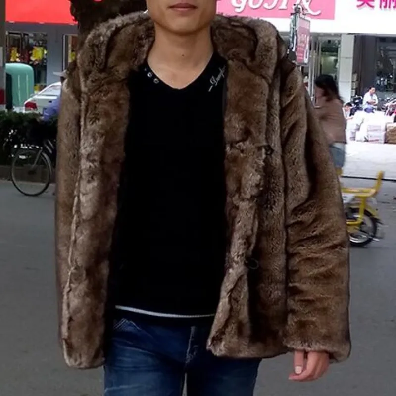 

Top Brand Vogue Mens Fashion Faux Rabbit Fur Coat Thicken Cotton Padded Hooded Duffel/Toggle Winter Parka For Man Male Coats