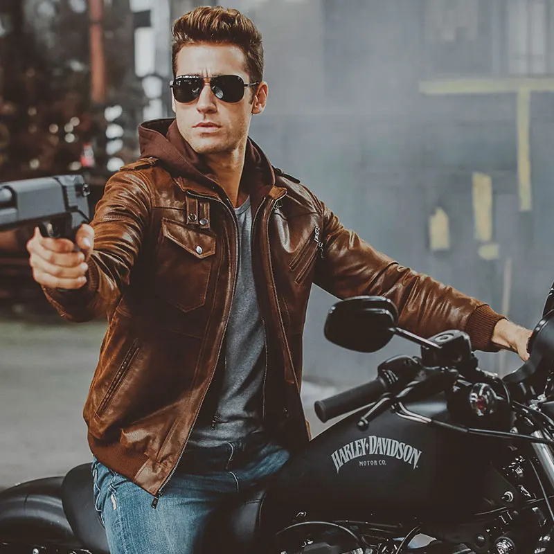 

Retro Men Warm Genuine Leather Plus Size Two-door collar Jackets Men's Real Leather Jacket Men Motorcycle Removable Hood Coats