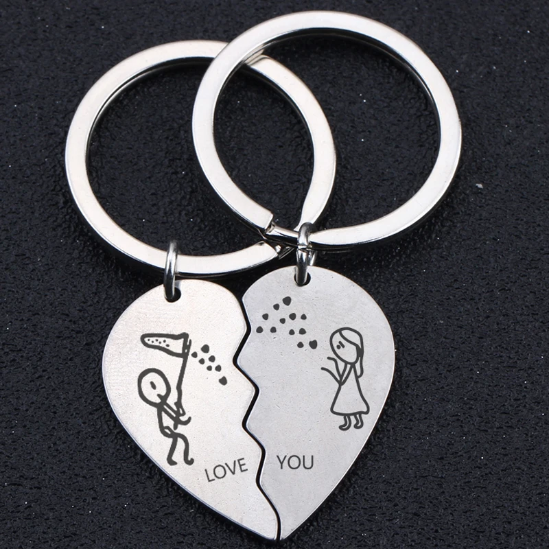 A Pair Fashion Heart Keychain Engraved Love You Stick Figure Lover For Couple Lovers Trendy Gift Exclusive Key Ring | Украшения и