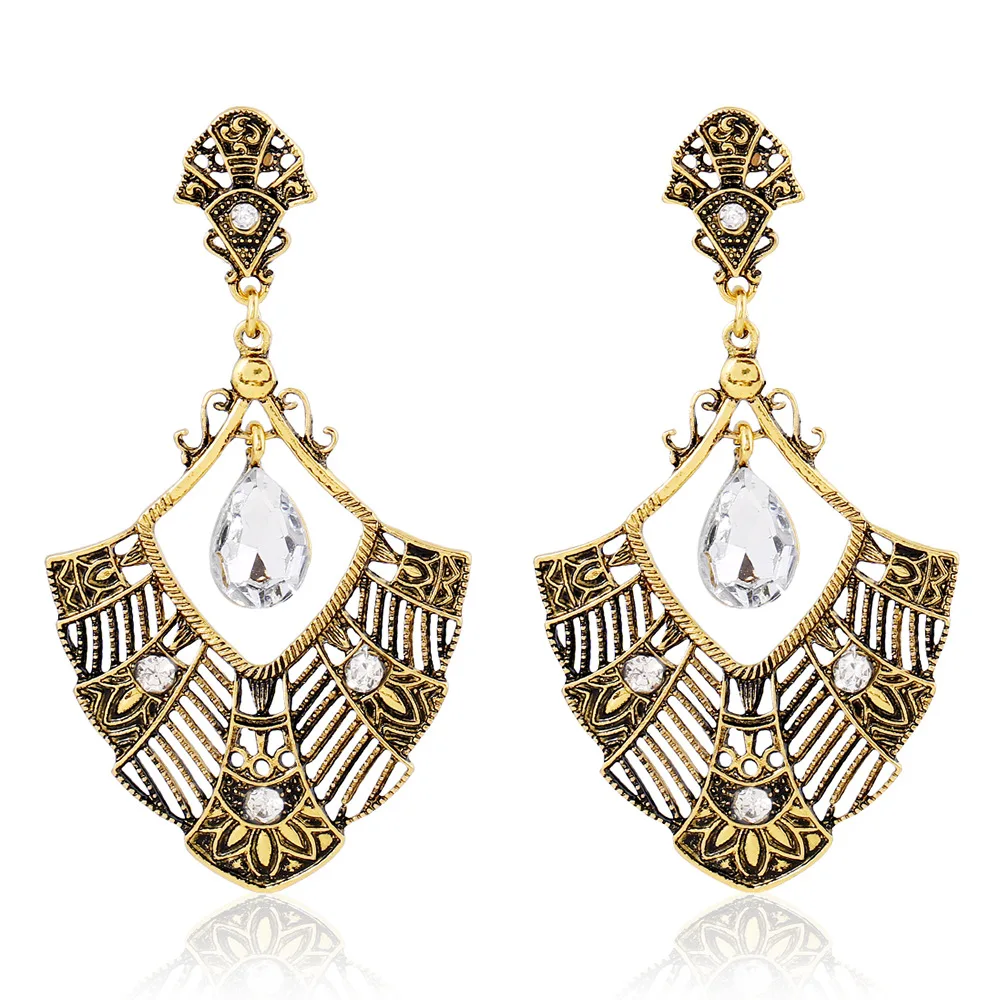 Ethnic Hanging Long Crystal Flower Vintage Womens Fashion Drop Earrings Silver Color Big Bohemian For Women Jewelry | Украшения и