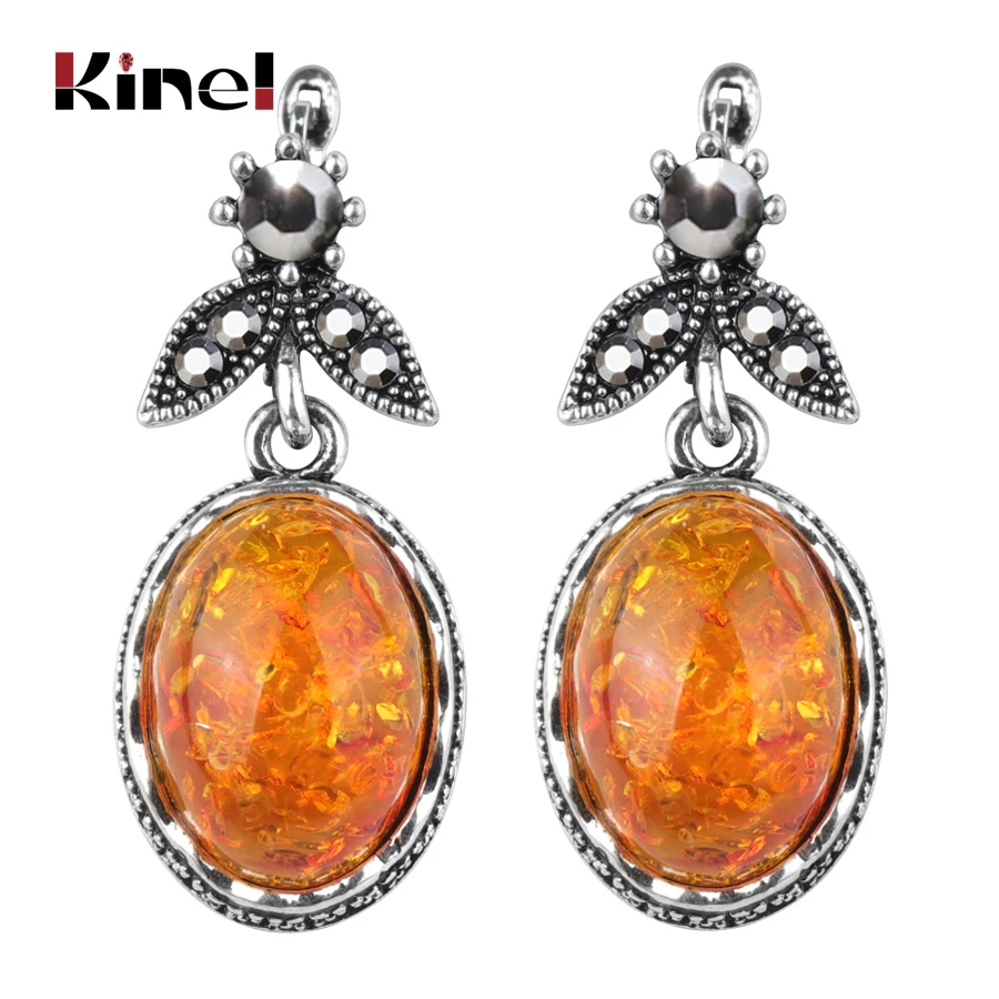 

Kinel Big Oval Simulated Ambers Earrings Vintage Look Antique Silver Plated Cuff Resin Flower Fashion Jewelry