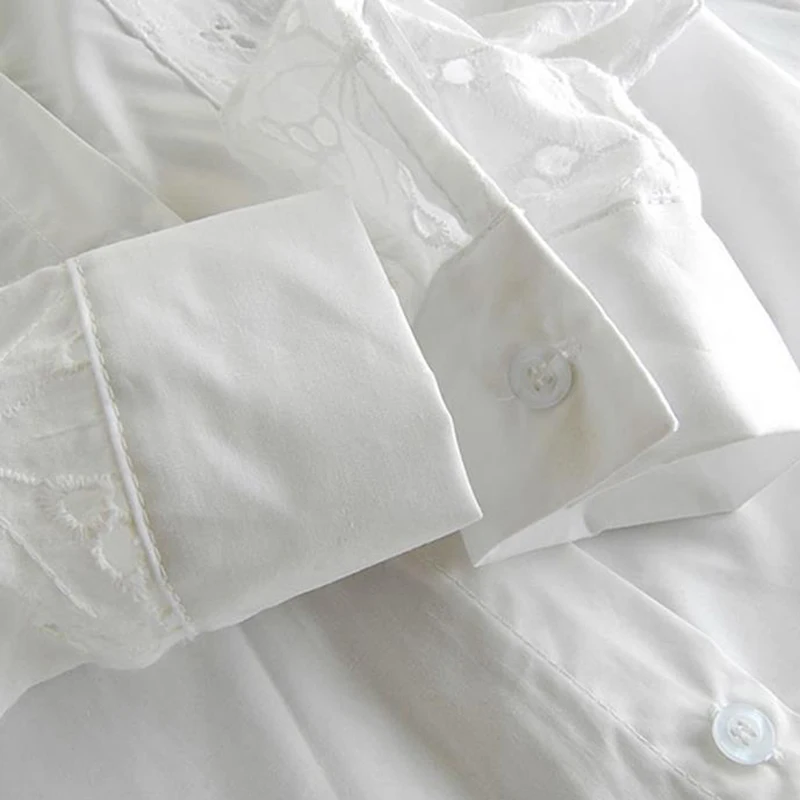 Женская кружевная блузка с длинным рукавом белая Повседневная Свободная