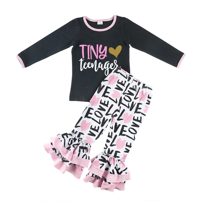 

Kaiya Angel 2018 Boutique Girls Outfits Wholesale Valentines Day Children Set Cotton Tops With Letter Print Ruffle Leggings