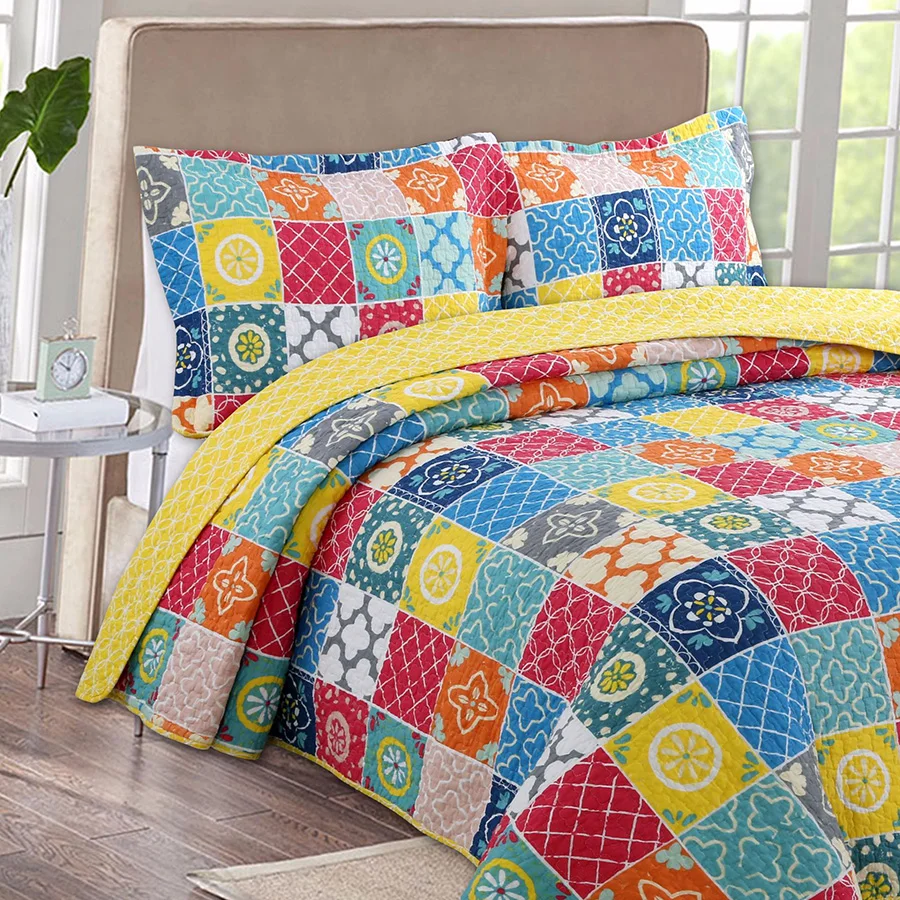 

Pastoral style Bedspread Quilt Set 3pcs Coverlet Patchwork Printed Cotton Quilts Bed Cover Pillowcase King Size Quilted Blanket
