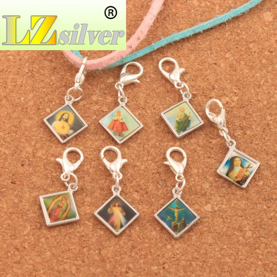 

120PCS Enamel Square Jesus Christ Icon Cross Religious Lobster Claw Clasp Charm Beads 31x13mm C1659