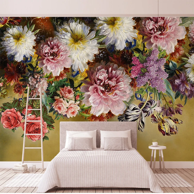 

Custom Any Size Wall Cloth European Style Retro Rose Flowers Murals Waterproof WallCloth Living Room Sofa Background Wall Paper