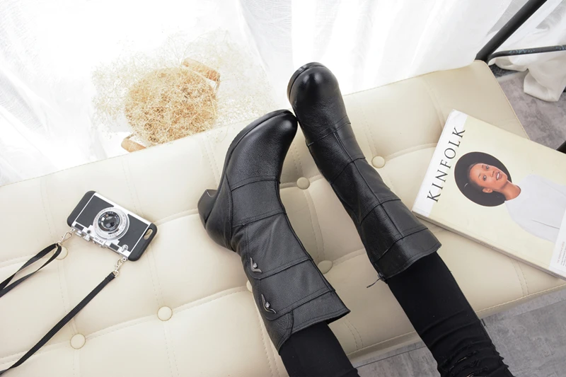 DONGNANFENG/Женская обувь для мам; женские сапоги; сапоги до колена на каблуке; шикарные черные сапоги на молнии; сезон осень-зима; теплые сапоги из натуральной коровьей кожи до середины голени с Плюшевым Мехом и круглым носком; повседневные дизайнерские JFML-5222; большие размеры 35-43