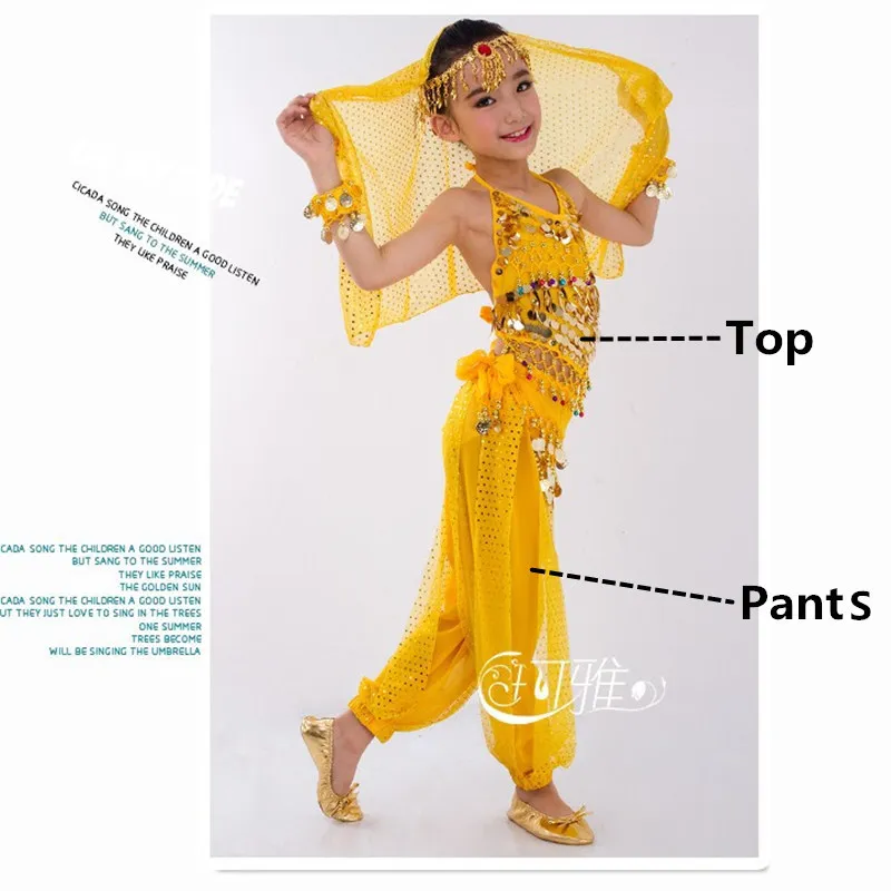 Yellow 2PCS Детский костюм для танца живота, карнавал, Египетский костюм с поясом, детская одежда для индийского танца, одежда для девочек, комплект одежды для танца живота для выступлений в Болливуде - Цвет: Yellow 2PCS