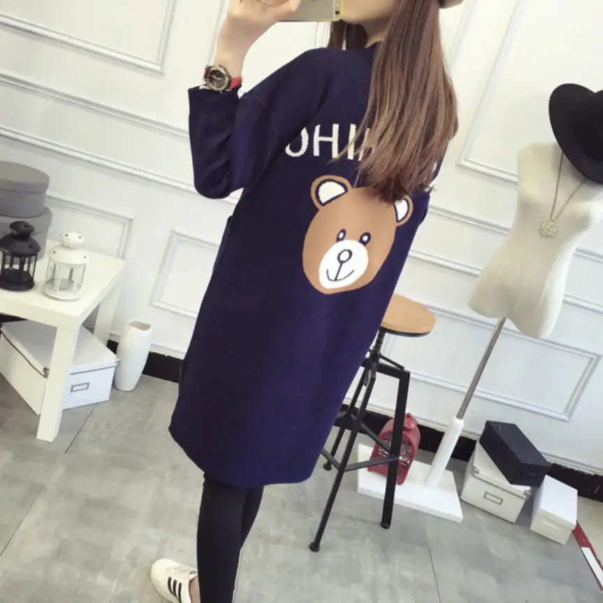 2018 Autumn And Winter Dress Cardigan Women's Long Section Long-Sleeved Jacket Sweater Bear Pattern Outside Shirt |