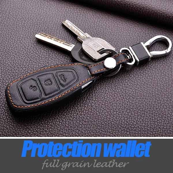 

Leather car key Cover Case Holder For Ford 2013 2014 Focus 3 Fiesta Kuga Ecosport Fusion Leather Keychain key ring for ford