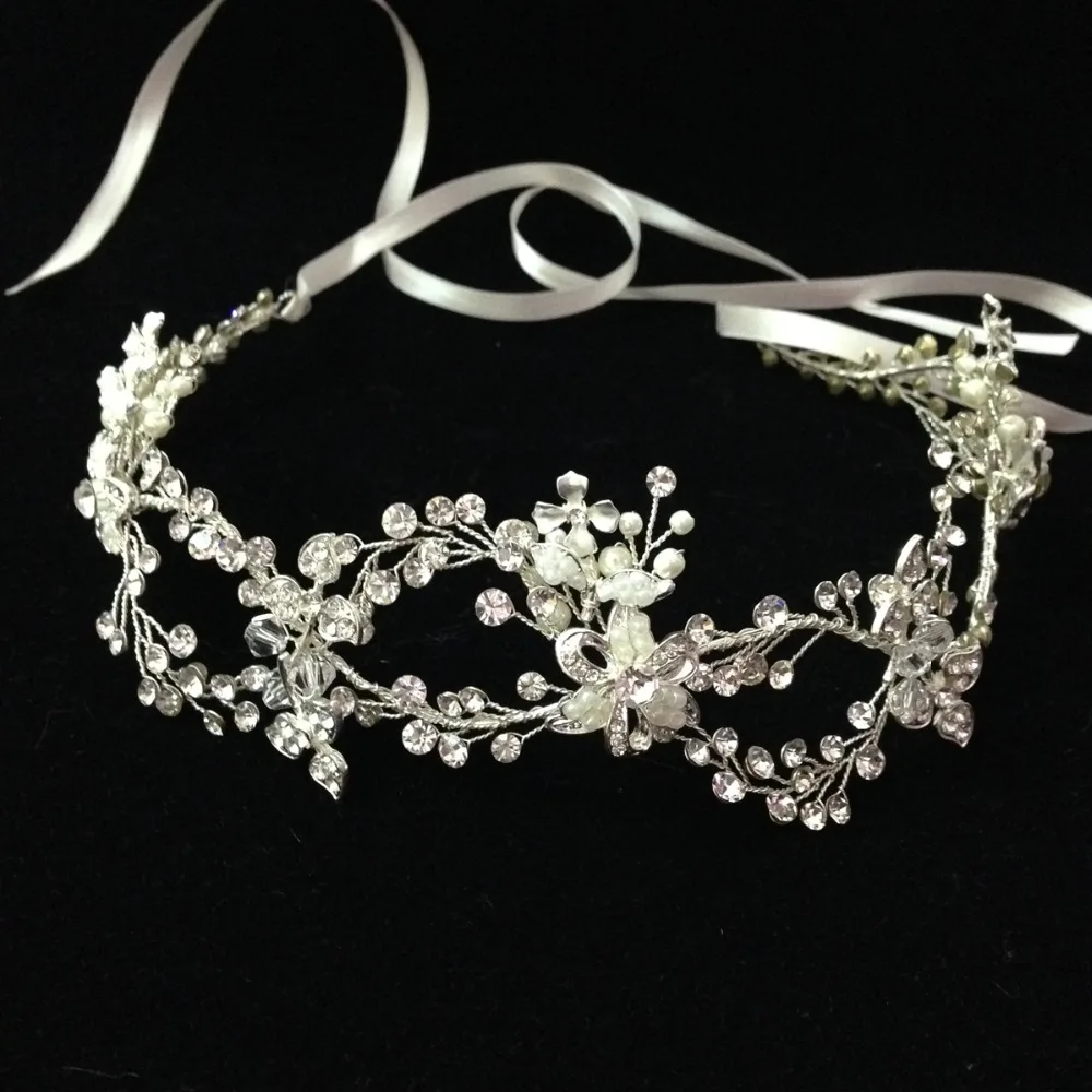 6 шт./лот Кристалл атласная лента волос лоза свадебная корона цветочный горный