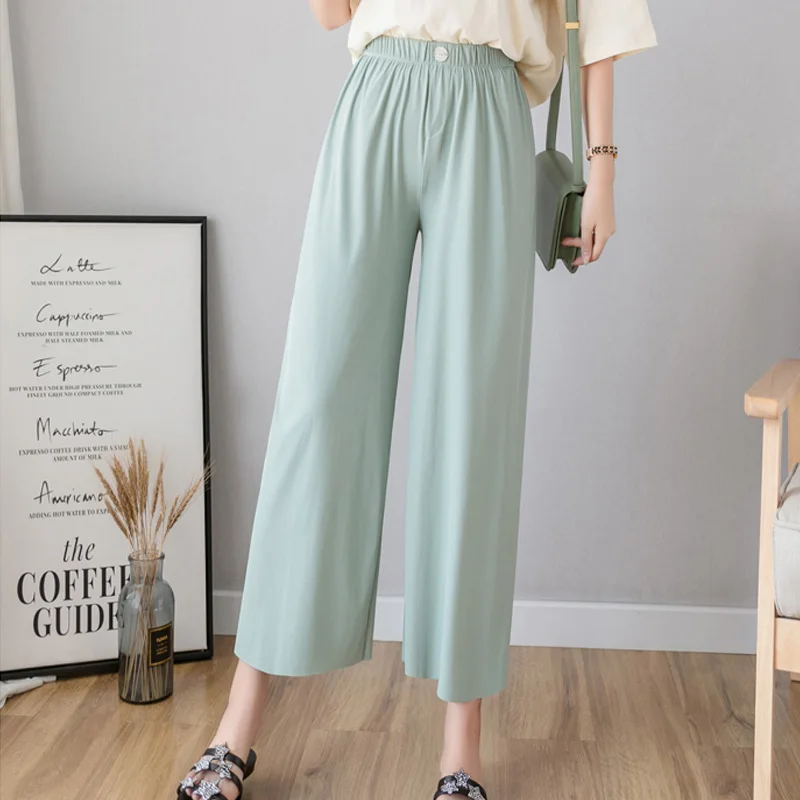 

Fitaylor Summer Wide Leg Pants Women Casual High Waist Button Decorate Candy Colors Ankle-length Pants Black Ladies Trousers