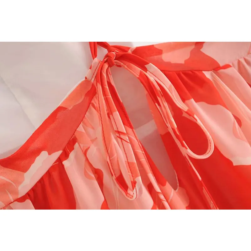 Boho Summer New Women's Fashion Chest Pad Flower Print Backless Lace Up Spaghetti Strap Sexy Holiday Maxi Dress L