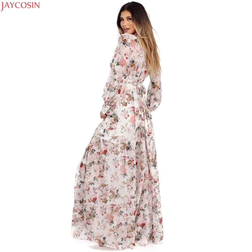 Женское шифоновое платье с V образным вырезом длинным рукавом и цветочным