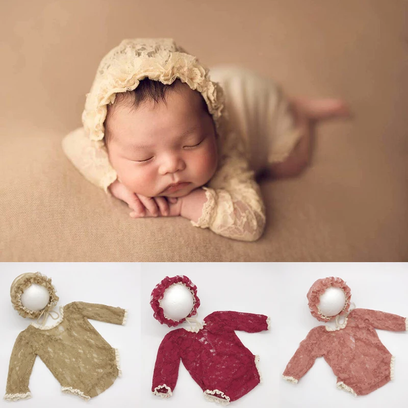 0-3 Months Baby Lace Photography Clothing Soft Lacy Hat+ Floral Romper Jumpersuit 2pcs Sets Outfits Photo Costumes