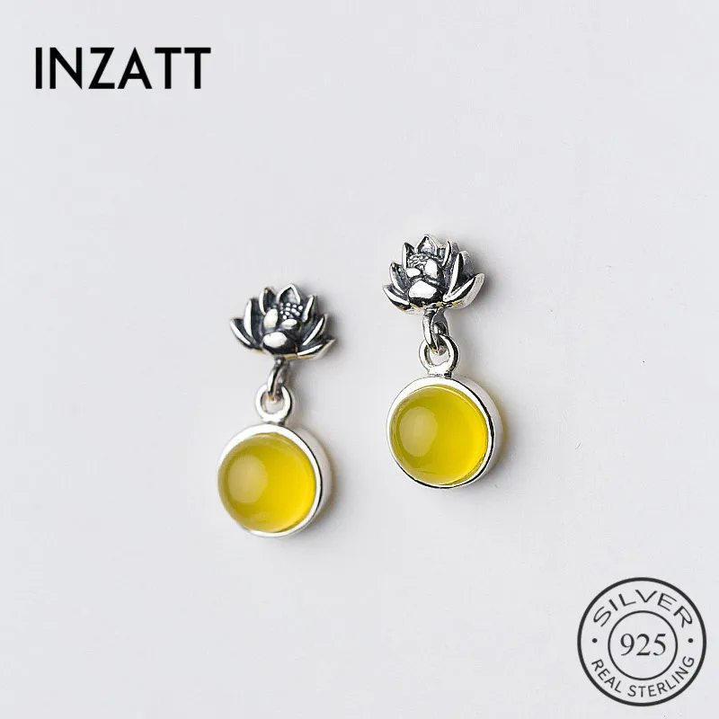INZATT 925 пробы серебряные изысканные серьги-гвоздики в форме лотоса круглый желтый зеленый цвет для элегантных женщин обручальное ювелирное изделие подарок