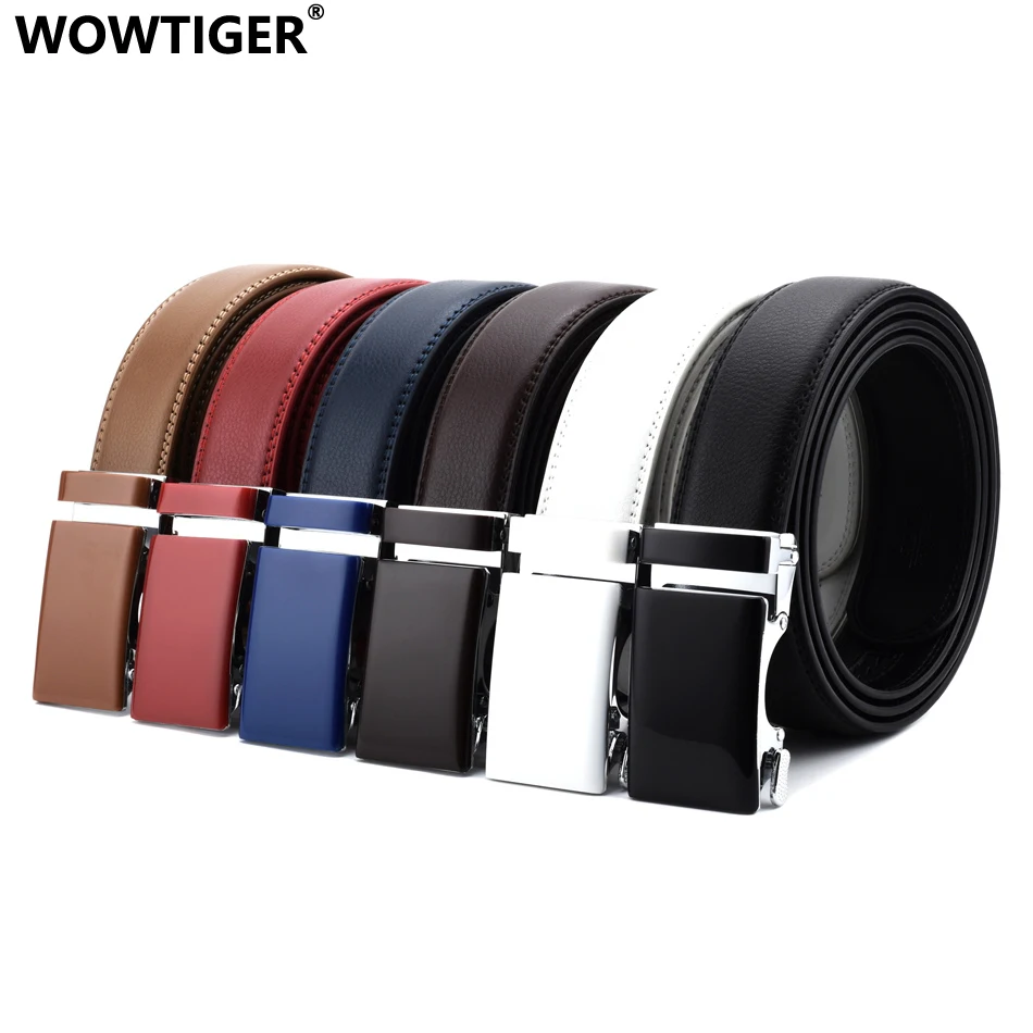 WOWTIGER black white red blue Khaki Cowhide Genuine Leather 3.5cm width Belts For Men Male Luxury Automatic buckle men belt