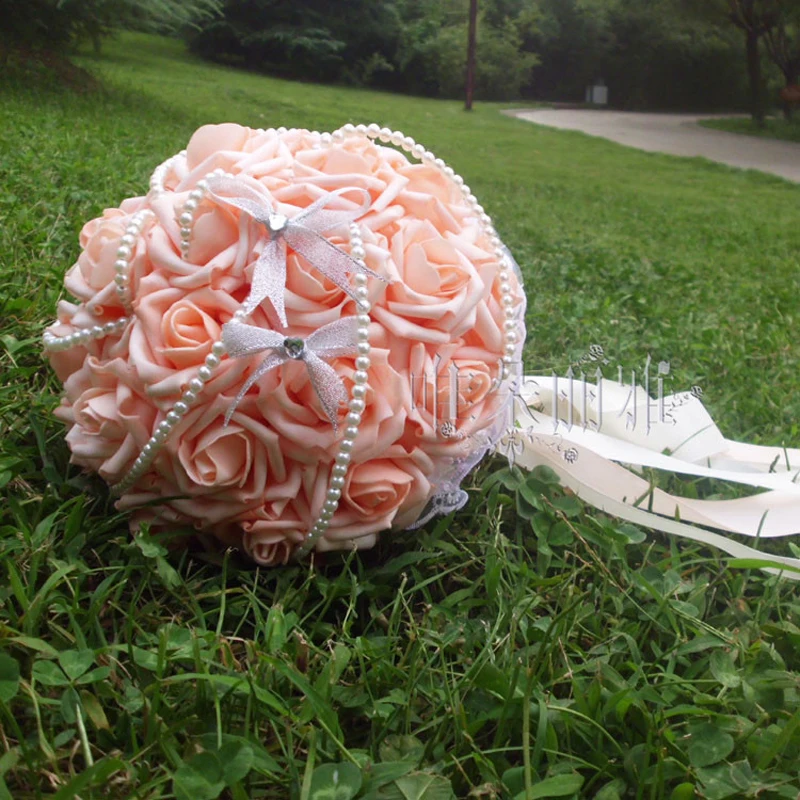 Розовые Свадебные букеты 2016 искусственные розы ручной работы с лентой красивые