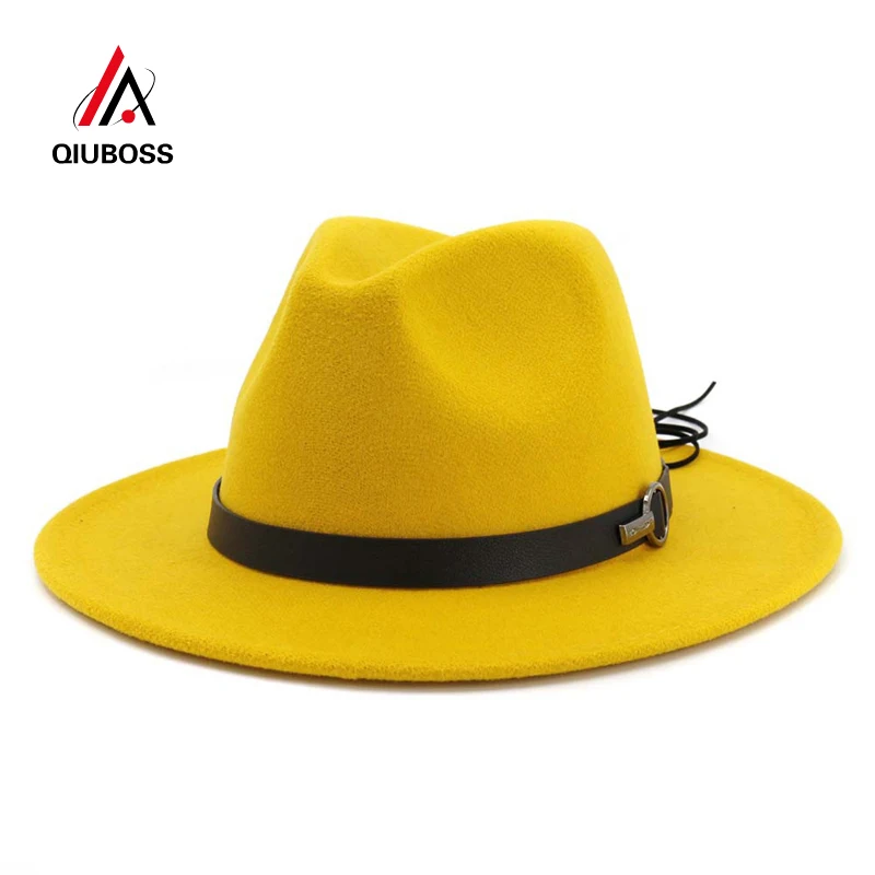 QIUBOSS для женщин мужчин с широкими полями шерсть фетр Джаз Fedora шляпы Панамы Стиль Ковбой Трилби вечерние платье шляпа большой размер желтый белый