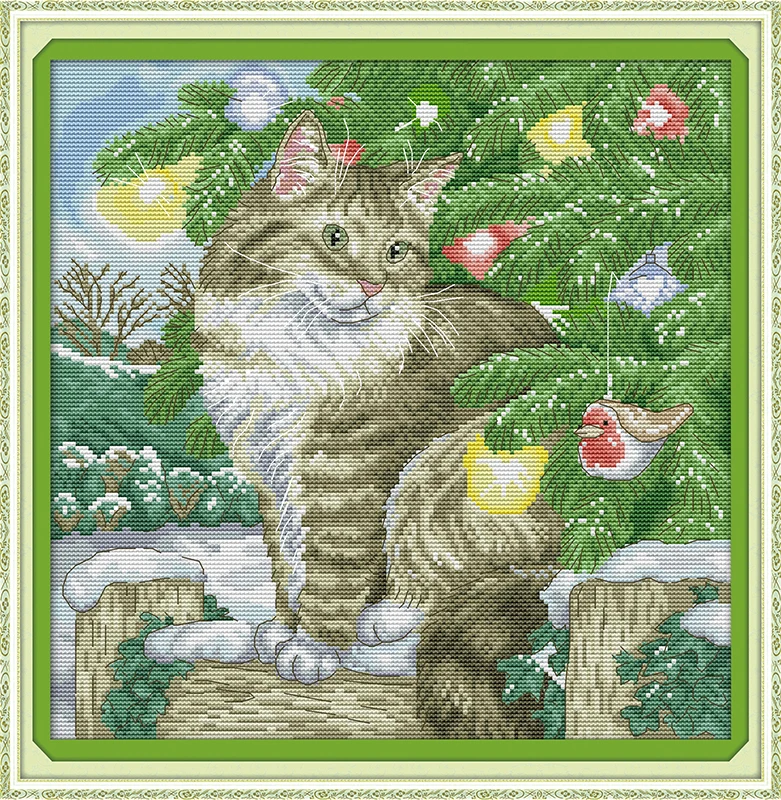 

Christmas cat cross stitch kit 14ct 11ct pre stamped canvas cross stitching animal lover embroidery DIY handmade needlework