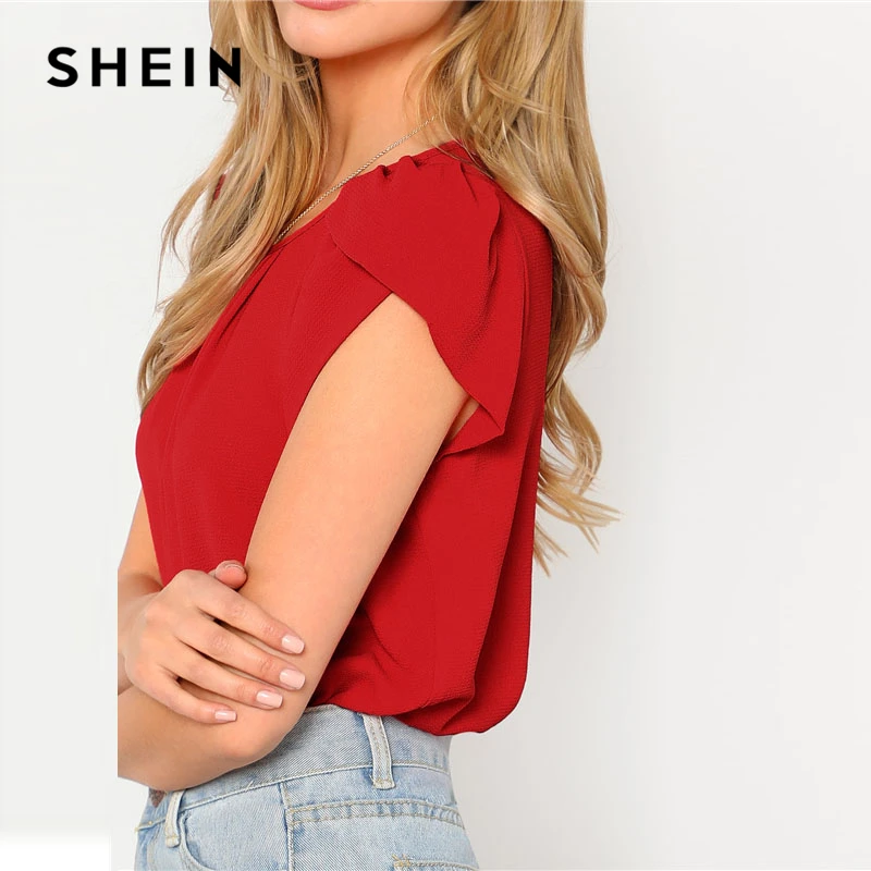 SHEIN Однотонный Топ С Оригинальным Рукавом Женская Летняя Повседневная Блузка С Круглым Вырезом И Короткими Рукавами