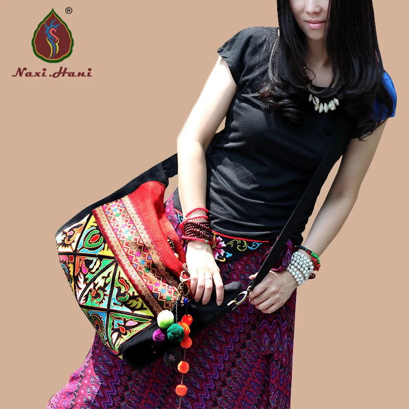 Naxi.Hani Bohemia Double sided Embroidery women handbags Fashion Ethnic beaded Casual canvas Shoulder messenger bags