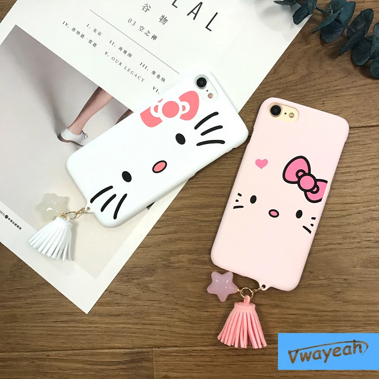 Ins hot With Star Tassel Pendant For iPhone x 10 6 7 8 Plus Lovely Kawaii Japanese Style Cartoon Beard Cat Kitty Candy Pink Case | Мобильные