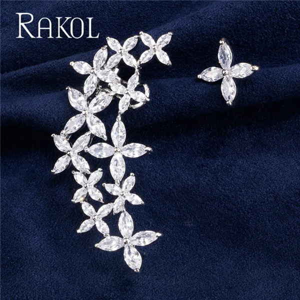RAKOL, модные серьги-гвоздики с кубическим цирконием и цветами, асимметричные для ушей, для женщин, белый кристалл, свадебные серьги, ювелирные изделия RE0530K - Окраска металла: White Gold Color